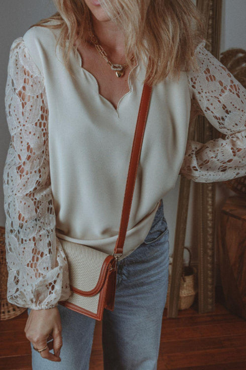 V Neck Lace Balloon Sleeve Blouse - Odaingerous